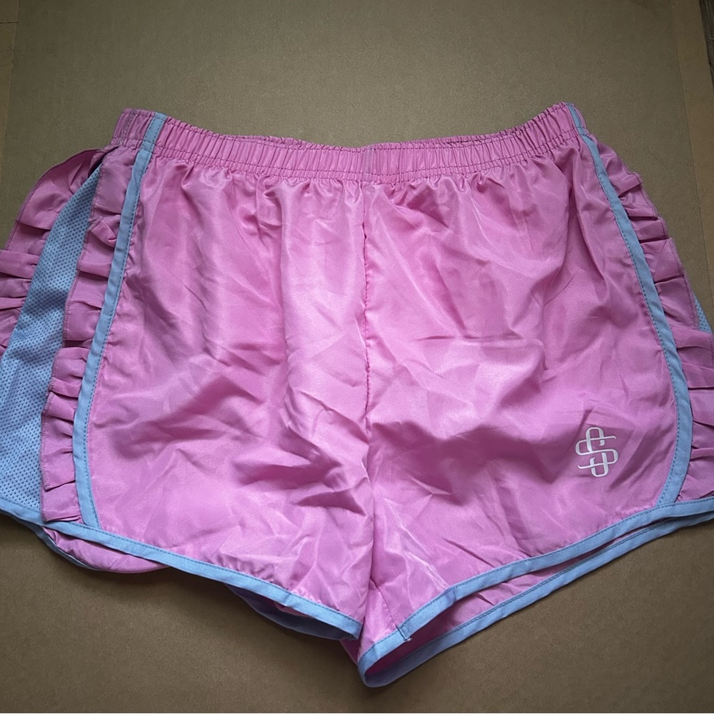 Simply Southern Pink Athletic Shorts with Blue Trim